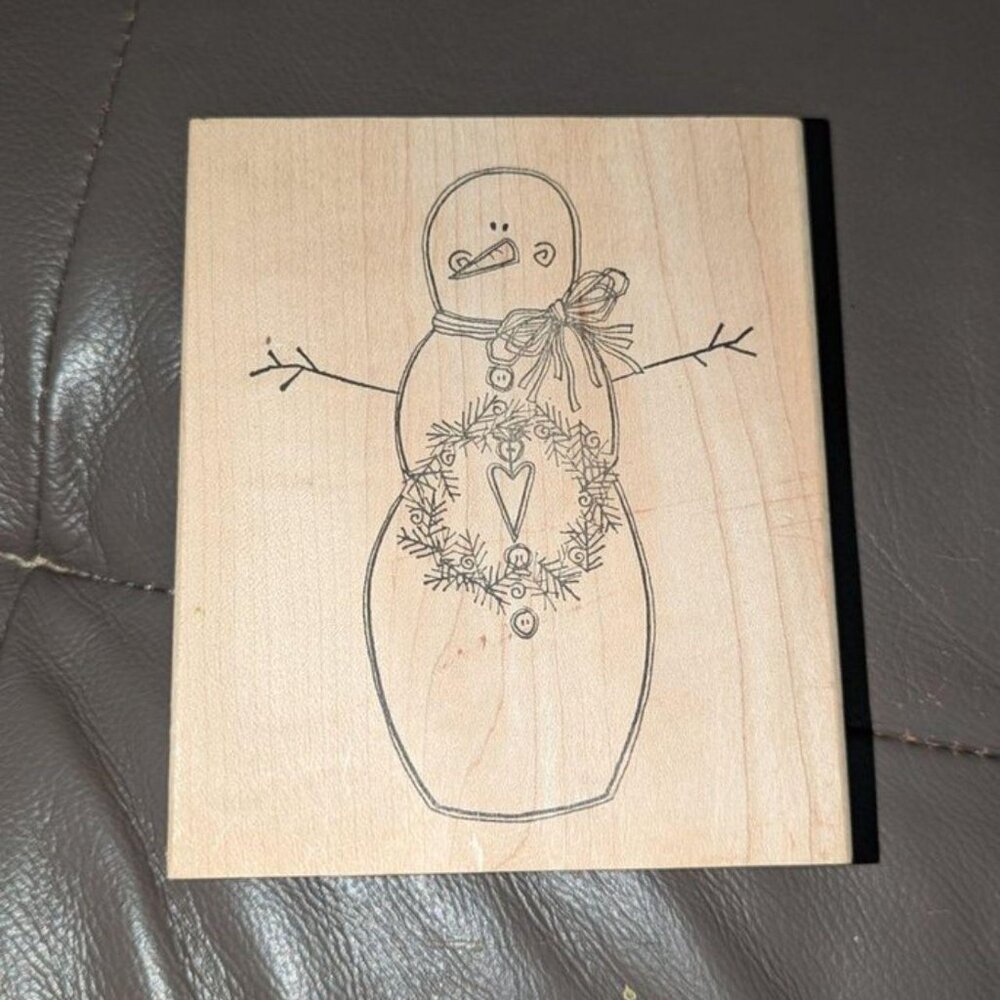 NEW Imaginations Large Snowman Wreath Wood Mounted Rubber Stamp Wooden Craft Art